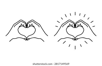 A set of two minimalist line art illustrations showing human hands forming a heart shape, with one version featuring radiating light beams, isolated on a clean white background.