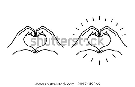 A set of two minimalist line art illustrations showing human hands forming a heart shape, with one version featuring radiating light beams, isolated on a clean white background.