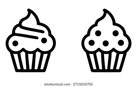 Un conjunto de dos iconos minimalistas de dibujo de líneas que representan deliciosos cupcakes con escarcha arremolinada y Pequeños puntos decorativos, perfectos para la marca de panadería o diseño de alimentos.