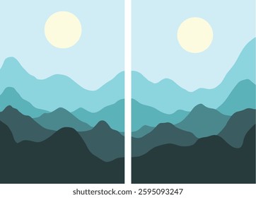 Set of two minimalist mountain landscape illustration in blue tones. flat design style with layered hills and a yellow sun. great for nature background and outdoor designs. 