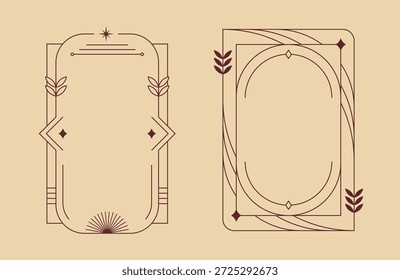 Set of two minimalist oval geometric line art frames with celestial star accents on beige background.