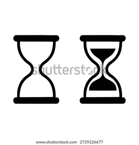 A set of two minimalist vector icons depicting hourglasses, one empty and one partially filled, symbolizing measurement of time, waiting, or deadline.