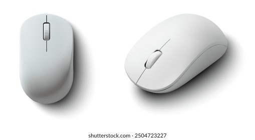 Set of two minimalist white wireless mice displayed from different angles, isolated on a white background. The sleek and ergonomic design makes these devices perfect for technology products. Vector