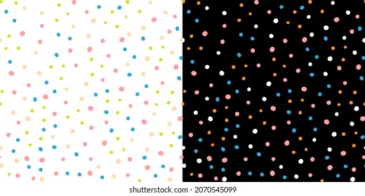 A set of two minimalistic abstract patterns with colorful dots on white and black backgrounds. vector illustration.