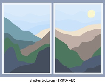 Conjunto de dos paisajes minimalistas. Resumen de montañas y sol en el cielo. de diseño. Afiche con colores de tono de tierra. Concepto de viajes, ocio y turismo. Bonita naturaleza. Vector