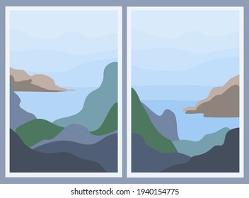 Set of two minimalistic landscapes. Abstract mountains and sea. stylish background. Poster in earth tone colors. Concept of travel, leisure and tourism. Beautiful nature in the daytime. Vector