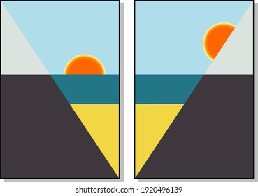 Set of two minimalistic posters - sea and mountains. Sunset by the sea. Sunset in the mountains. Simple, geometric shapes. Adventure, travel concept