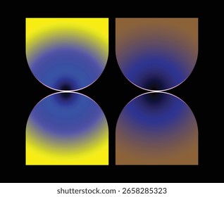 Conjunto de dois planos de fundo abstratos de taxa móvel apresentando padrões de gradiente simétricos em tons de azul e marrom amarelos