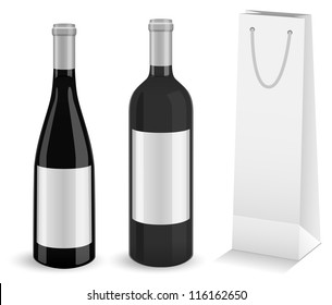 Set Of Two Mock-up Wine Bottles And Bottle Gift Bag. All Objects And Details Are Isolated And Grouped. Transparent Background Color Is Easy To Customize