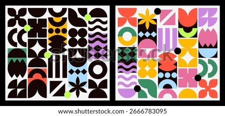 Set of two modern abstract geometric patterns with colorful modern shapes in bauhaus and brutalist style. Collection of bold, minimalist mosaic backgrounds for posters, covers, or branding
