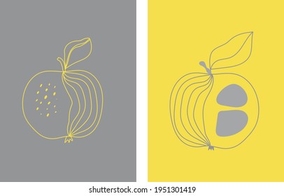 Conjunto de dos manzanas modernas en estilo de arte lineal en colores de tendencia - gris y amarillo. Cartel, portada para álbumes y cuadernos, impreso en una camiseta, bolsa, taza