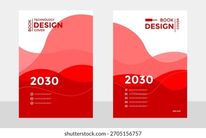 Conjunto de dos Plantillas de portada de libro moderno para el año 2030. Presenta gráficos abstractos de onda roja, tipografía limpia y texto de marcador de posición. Ideal para informes corporativos.