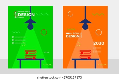 Conjunto de dos Plantillas de diseño de portada de libro moderno para el año 2030. Ilustración vectorial minimalista con una lámpara, libros y Formas abstractas. Ideal para tecnología o educación.