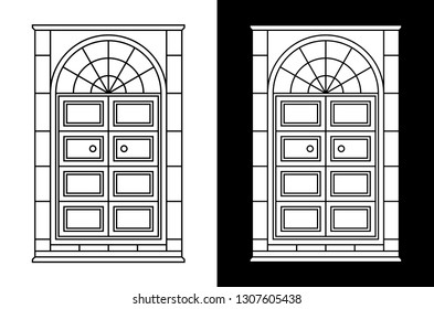 Set of two modern gate, doors, entrance with columns. Architectural element. Black contour linear silhouette and white silhouette on black background.