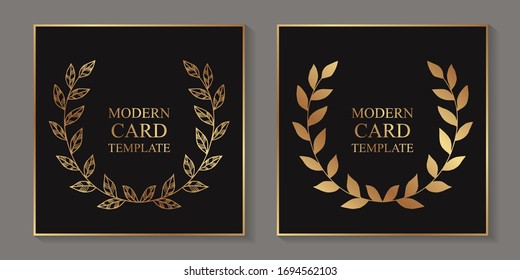 Set of two modern luxury card templates for business or presentation with golden laurel crown or wreath on a black background.