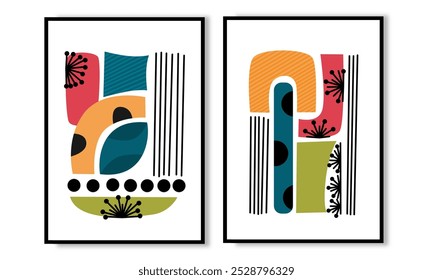 Conjunto de duas coleções modernas de arte de parede de meados do século. Vintages geometria impressão de parede e poster vetor.