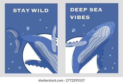 Set of two modern minimalist posters with humpback whale and typography. 
