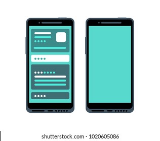 Set of two modern mobile phones. One with message, interface, chats on display, and one template. Vector, concept, isolated. On blue background.