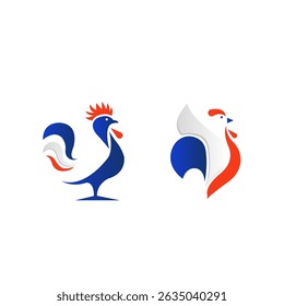 Set of two modern rooster logos. Stylized Gallic cockerel designs in blue, white, and red, representing the French flag. Ideal for branding, icons, and emblems.