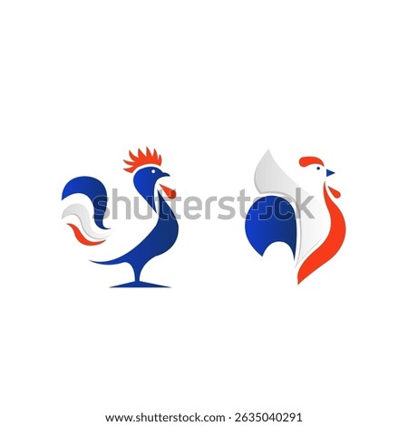 Set of two modern rooster logos. Stylized Gallic cockerel designs in blue, white, and red, representing the French flag. Ideal for branding, icons, and emblems.