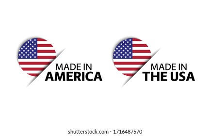 Set of two modern vector American stickers. Made in USA. Simple icons with American flags isolated on a white background