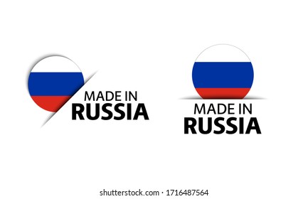 Set of two modern vector Russian stickers. Made in Russia. Simple icons with Russian flags isolated on a white background