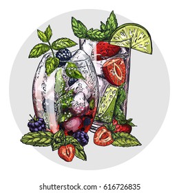 Set of two mojito cocktails, blackberry and strawberry in glasses, on the light grey round background, colorful sketch vector illustration. Card or menu design.