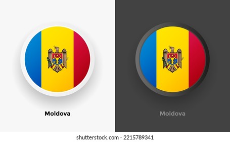 Set of two Moldova flag buttons in black and white background. Abstract shiny metallic rounded buttons with national country flag