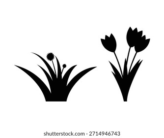 A set of two monochromatic black silhouette vector graphics depicting stylized floral and plant clusters: one showing tall grass with a circular dandelion-like flower.