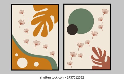 Set two of Monstera leafs and wild plant of wall art. Bontanical flowers wall decor with neutral color. Scandinavian wall decorations for Minimalist home decorations.