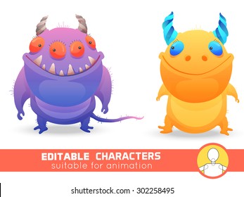 Conjunto de dos monstruos con cuernos. Carácter neutro, negativo o editable positivo. Adecuado para animación, video y juegos. Puede cambiar el color, la posición de las partes del cuerpo, la vestimenta y el tamaño.