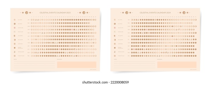 Set of two moon calendar for 2023 2024 years. Aesthetic celestial golden templates. Vector print illustration.