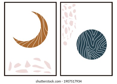 Set two of moon and sun wall art. Boho chick wall decor. Minimalist design concept of nursery decorations. Vector Ilustration with neutral color Scandinavian style.