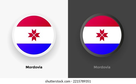 Set of two Mordovia flag buttons in black and white background. Abstract shiny metallic rounded buttons with national country flag