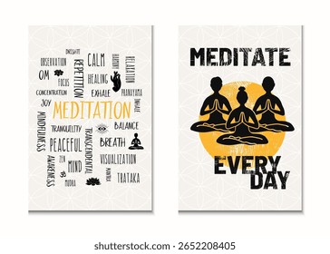 Set of two motivational vector posters for meditation in light, high key. Includes a word cloud of mindfulness terms and a MEDITATE EVERY DAY graphic. Inspirational wall art for a yoga or calm space.