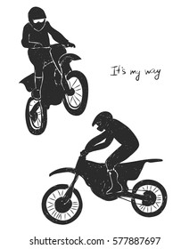 Set with two motorcyclists on white background, sketch. Vector illustration 