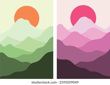 Set of two mountain lanscape illustrations in a flat, minimalist style. one uses green colors, and the other uses pink and purple. perfect for nature or outdoor designs.