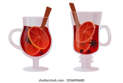 Set of two mugs of Christmas mulled wine with spices and fruits. Traditional winter hot beverage. Vector