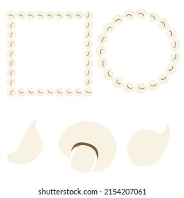 Set of two mushroom frames and three cartoon style elements champignon, garlic clove and onion head