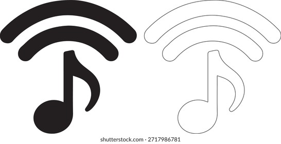 Un conjunto de dos iconos wifi de notas musicales, uno en negro sólido y el otro en estilo delineado sobre un fondo blanco