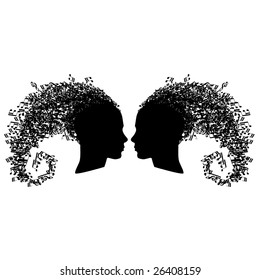Set of two musical heads looking at each other isolated on white