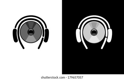 Set of two musical illustrations head in headphones, vector, symbol