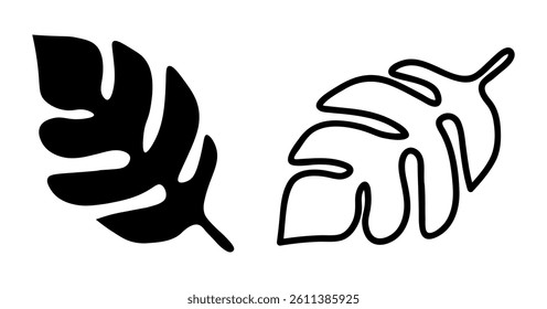 Set of two natural icons isolated on  white background. Leaves are in black and white. Environment, nature, flora. Decoration for postcards, posters, business cards, invitations.
