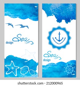 Set of two nautical design cards. Watercolor background and sea themed elements.