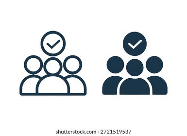A set of two navy blue vector icons depicting groups of people with checkmarks above them on a plain white background, ideal for business, teamwork, or management themes