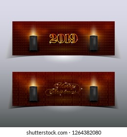 Set of two New Year banners. Background with decorative lighting, golden inscription 2019 and Christmas tree  halftone pattern. Greeting card or party invitation template. 