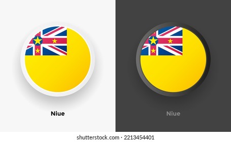 Set of two Niue flag buttons in black and white background. Abstract shiny metallic rounded buttons with national country flag