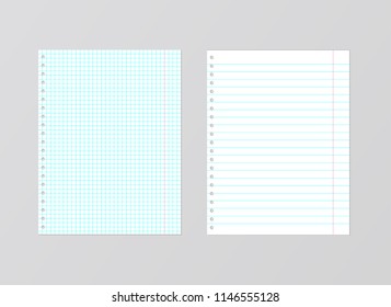 Set of two notebook pages. Checkered and lined paper sheets. Blank white sheets isolated on gray background. Torn cell paper of school exercise book. Realistic vector illustration.  