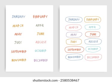 Set of two nursery preschool kindergarten printable educational colorful wall posters with 12 twelve months of the year for early learning in warm earth bright palette and hand-written childish font