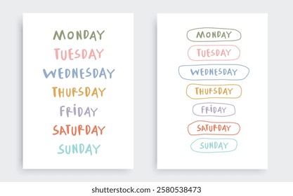 Set of two nursery preschool kindergarten printable educational colorful wall posters with 7 seven days of the week for early learning in warm earth bright palette and hand-written childish font